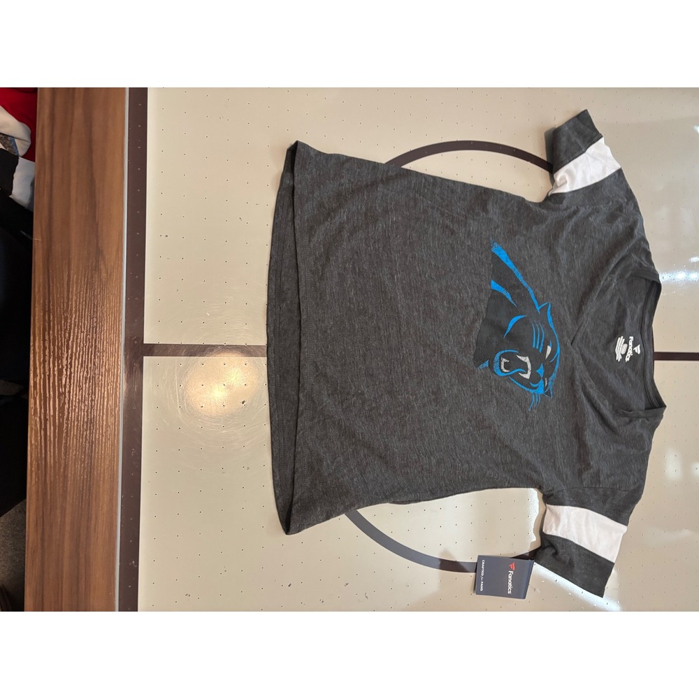 419 Fanatics Carolina Panthers Womens V-Neck TShirt Charcoal Grey Logo Small NWT